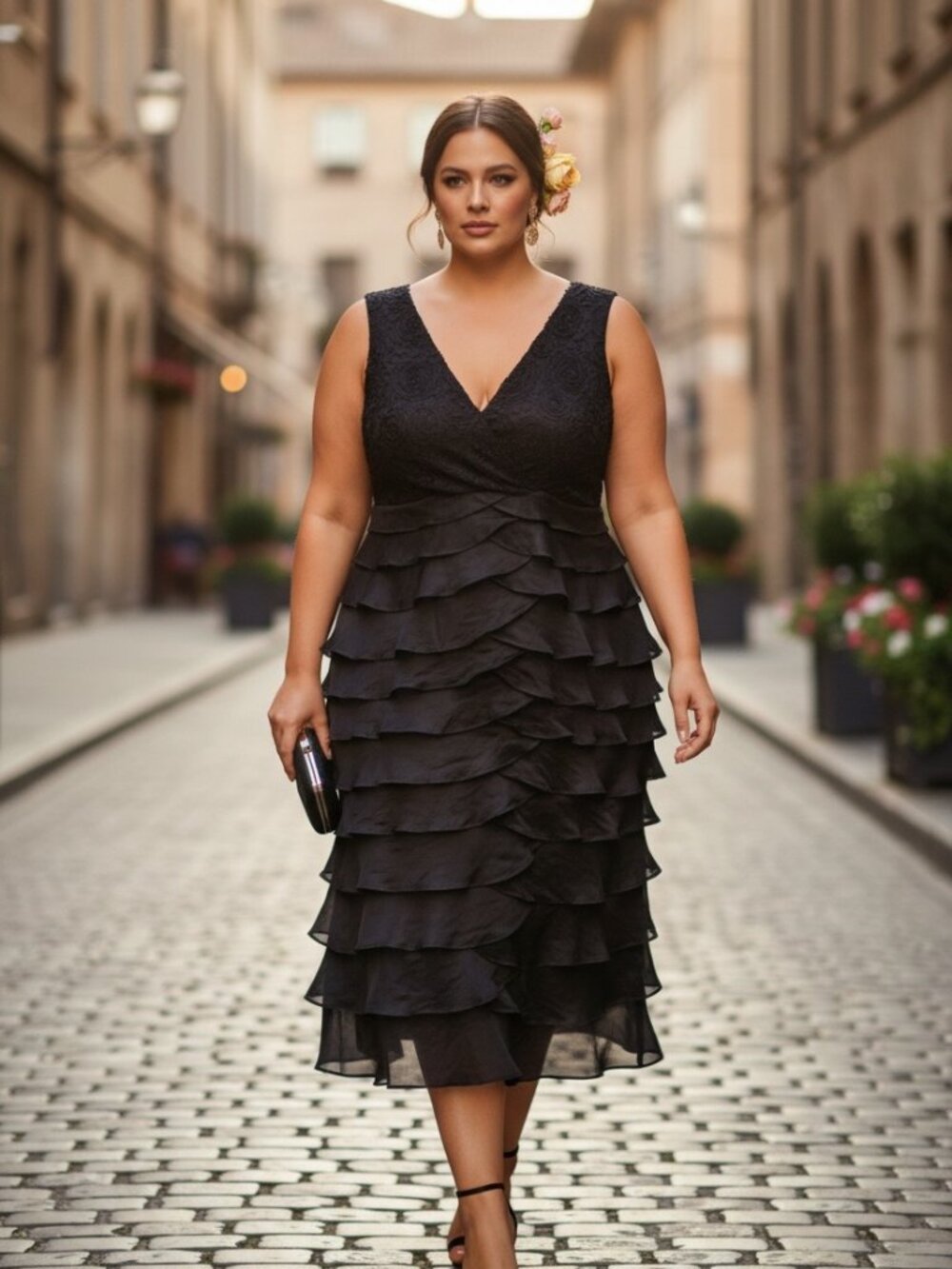 R&M Richards Black Rosette Cocktail Dress Size 14W Layered Party V-Neck
